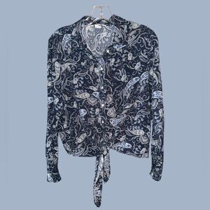 H&M Womens Top Size‎ 8 Blue Paisley Long Sleeve Button-Up Cropped
